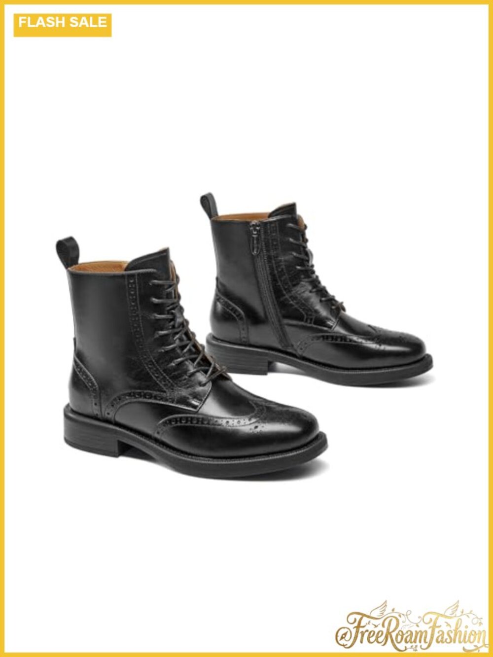 Women's Wingtip Ankle Boots Calfskin Leather Brogue Combat Boots Lace Up